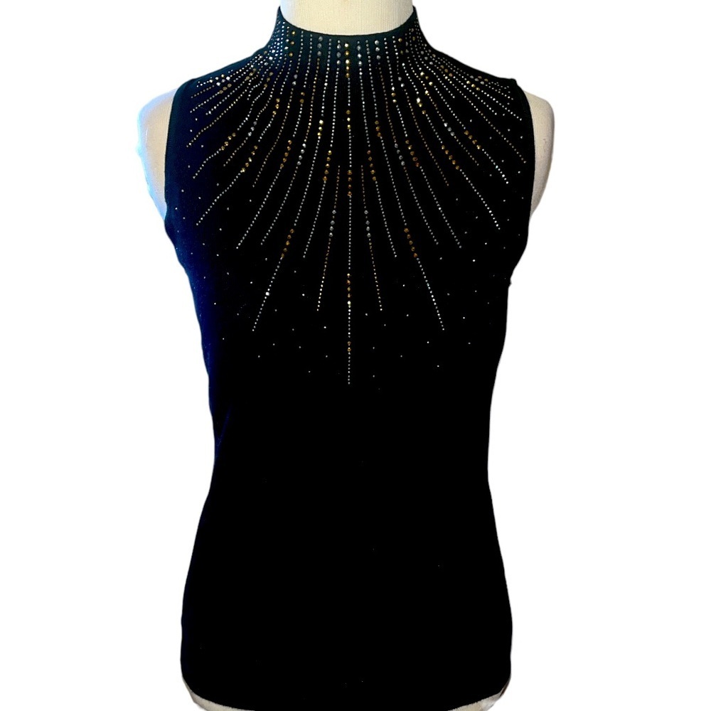 Tahari black sleeveless high neck, sweater with gold and silver sparkly beads